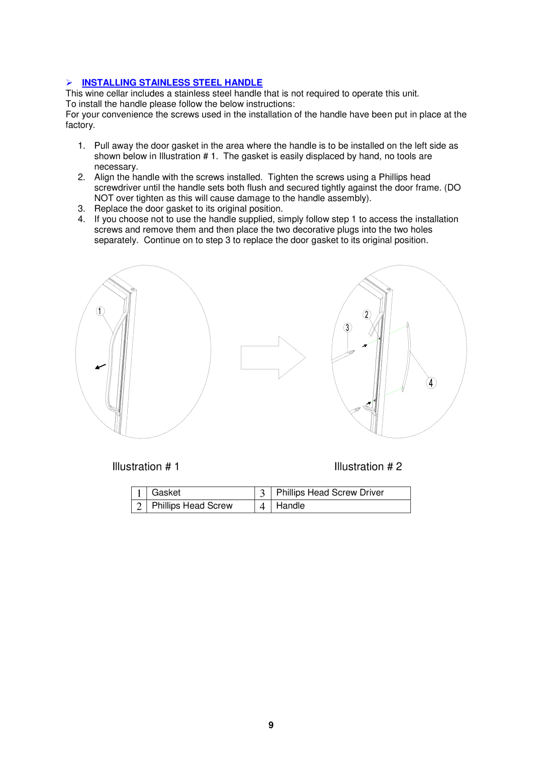 Avanti WCR682SS1 instruction manual  Installing Stainless Steel Handle 