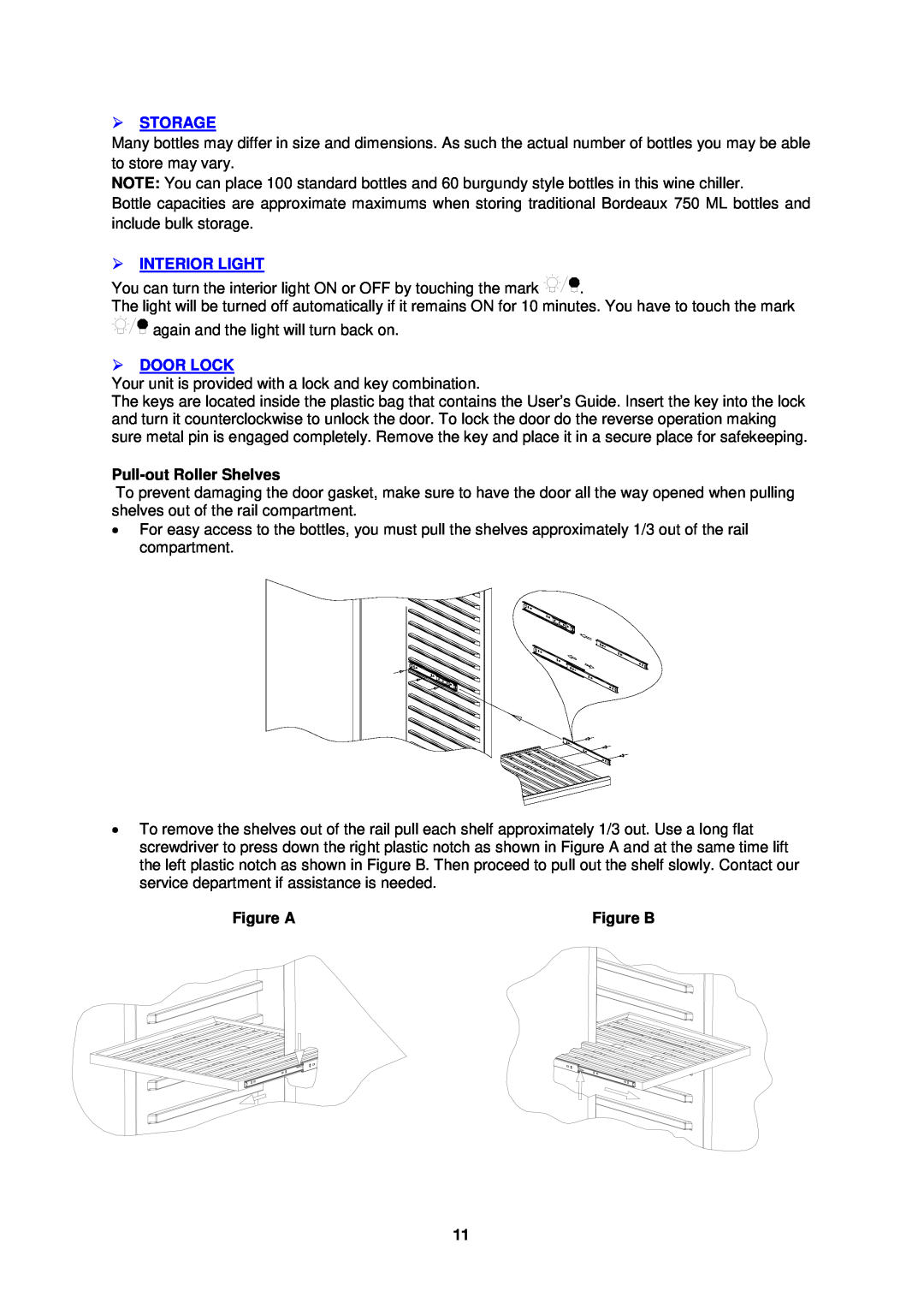 Avanti WCR682SS1 instruction manual  Storage,  Interior Light,  Door Lock, Pull-out Roller Shelves, Figure A, Figure B 