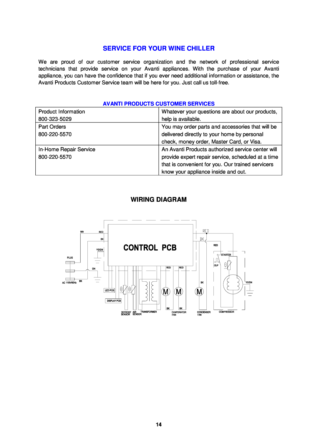 Avanti WCR682SS1 instruction manual Service For Your Wine Chiller, Wiring Diagram, Avanti Products Customer Services 
