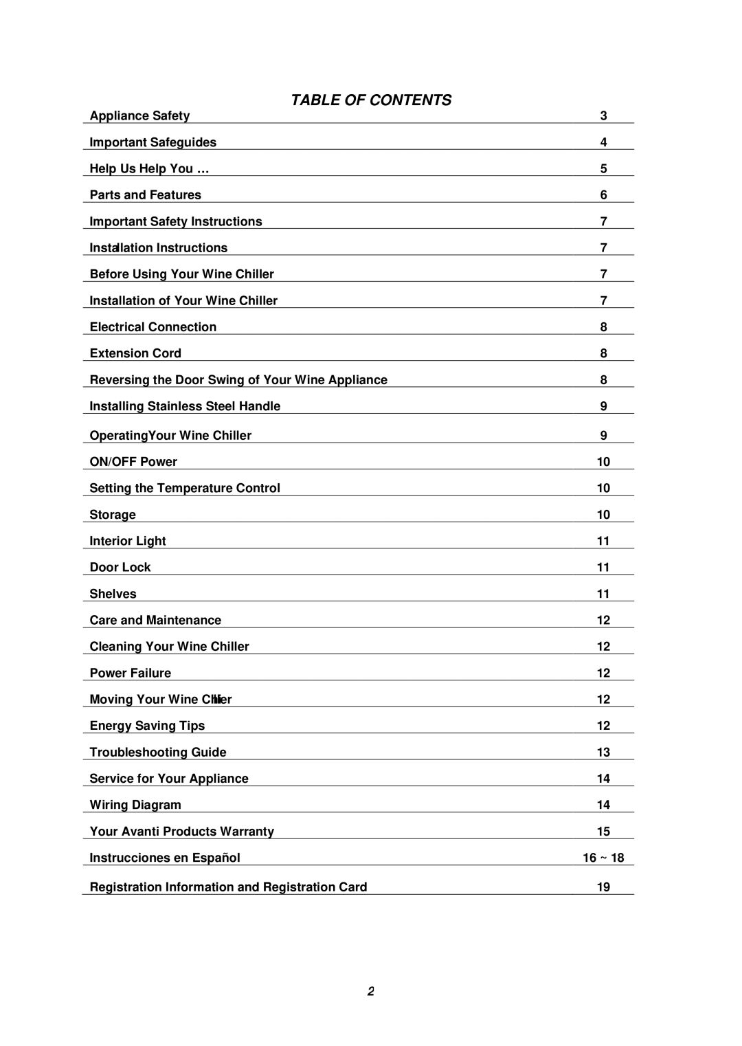 Avanti WCR683DZD-1 instruction manual Table of Contents 