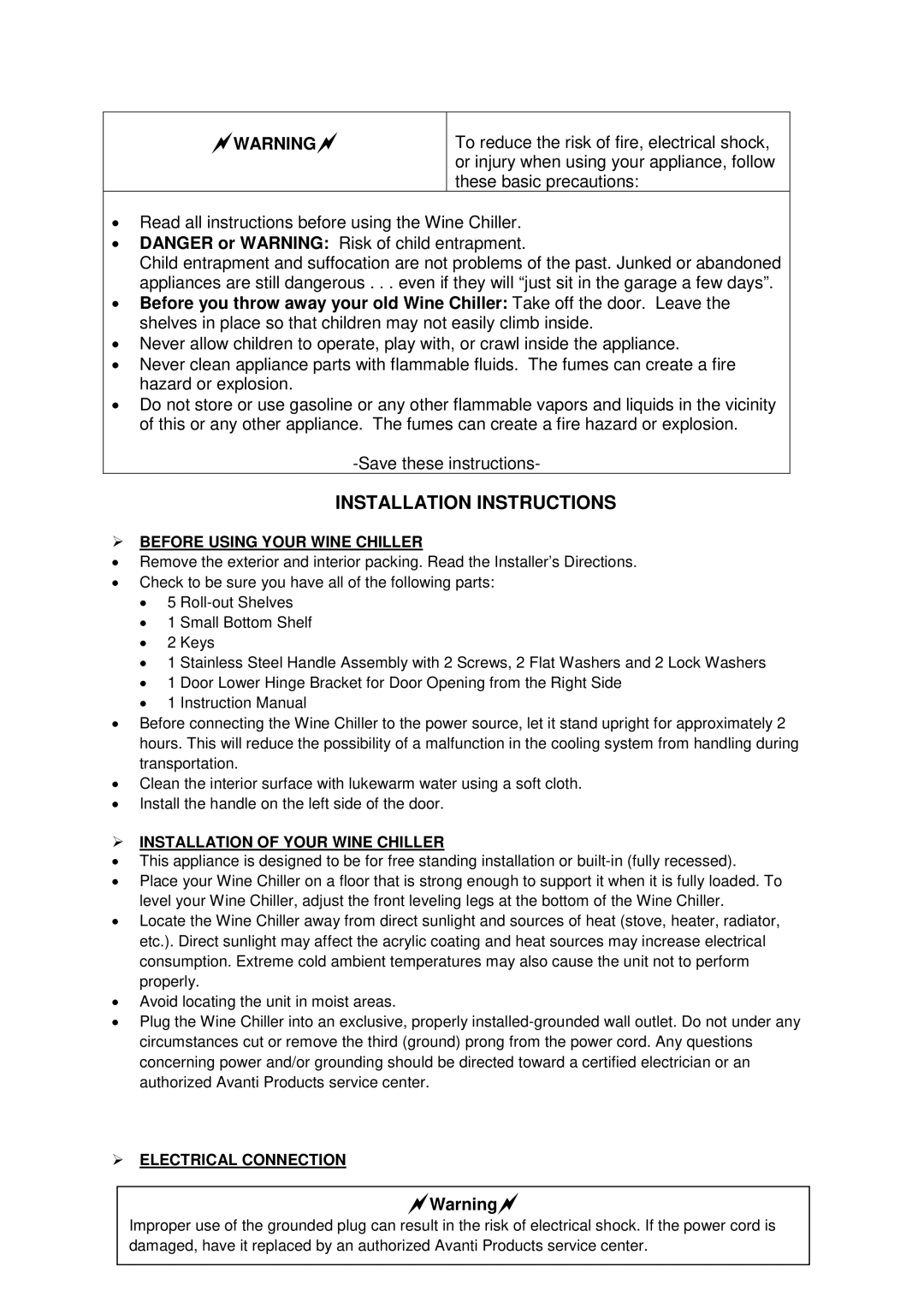 Avanti WCR683DZD-1 Installation Instructions,  Before Using Your Wine Chiller,  Installation of Your Wine Chiller 