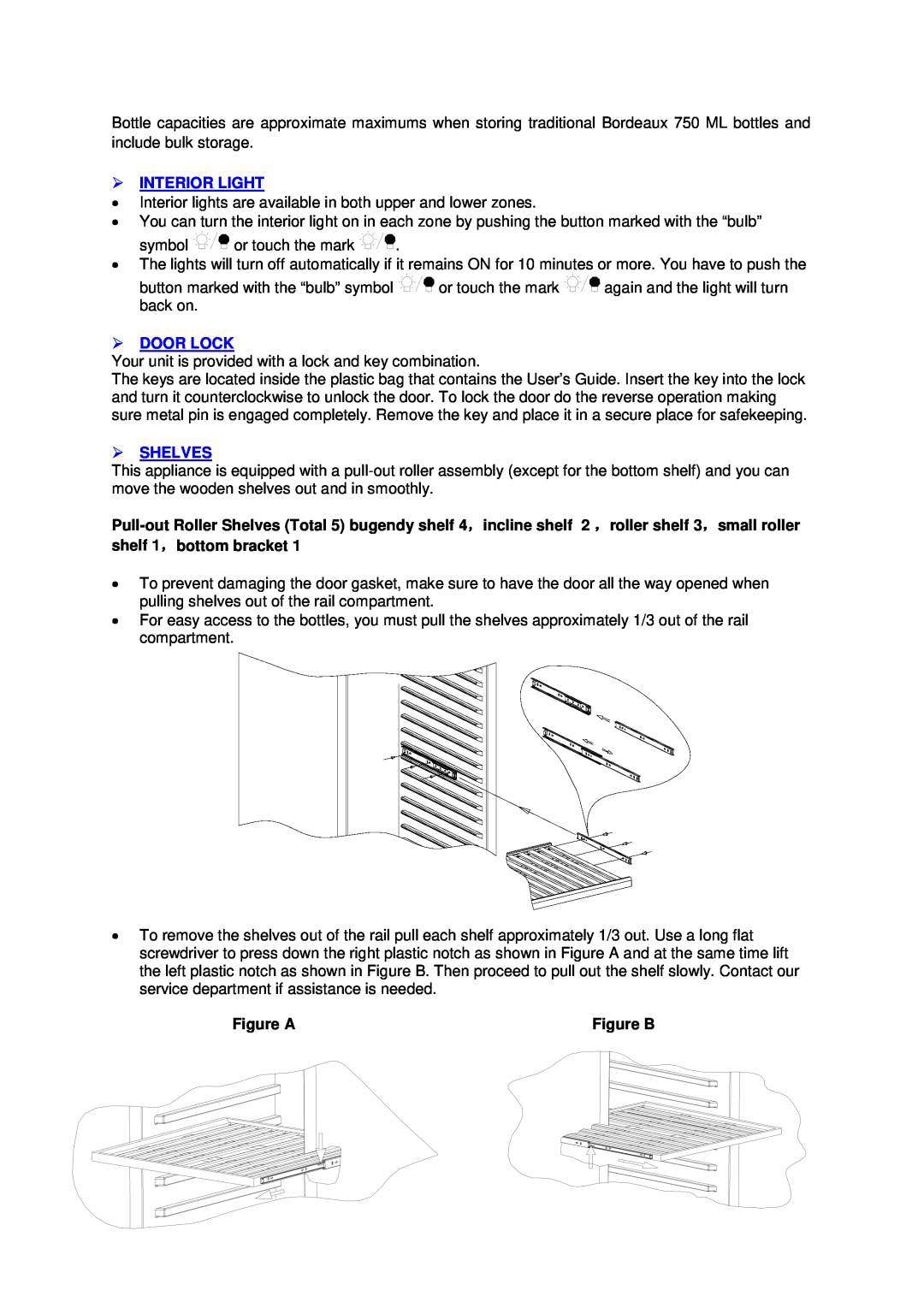 Avanti WCR683DZD-1 instruction manual  Interior Light,  Door Lock,  Shelves, Figure A, Figure B 