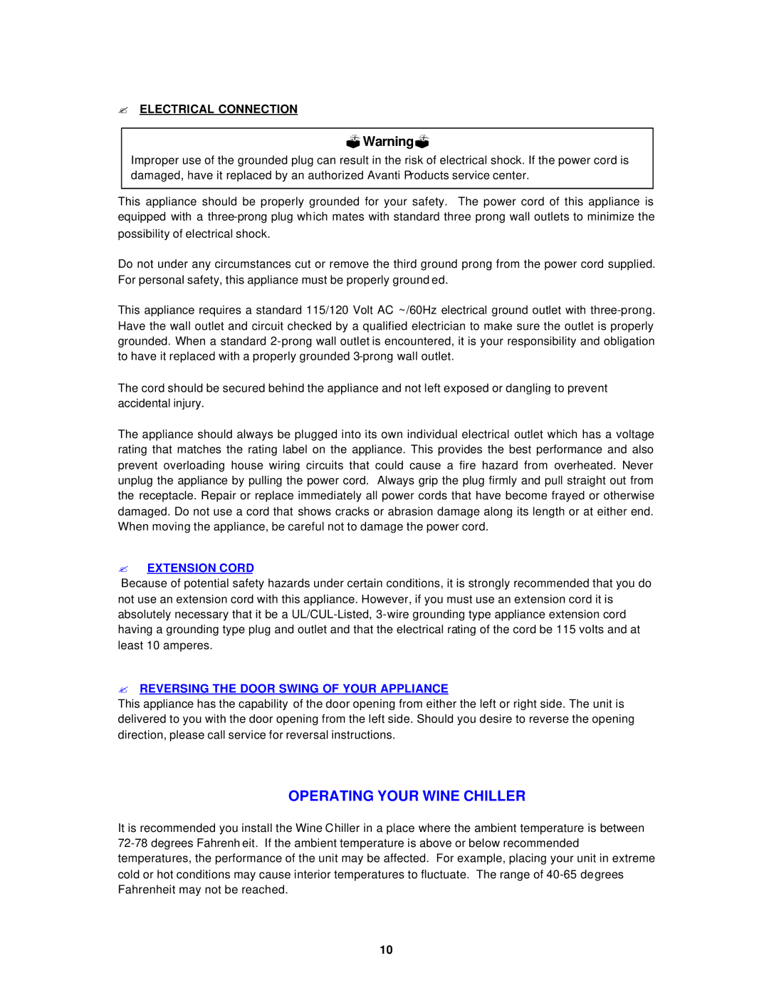 Avanti WCR683DZD instruction manual ? Electrical Connection, ? Extension Cord, ? Reversing the Door Swing of Your Appliance 