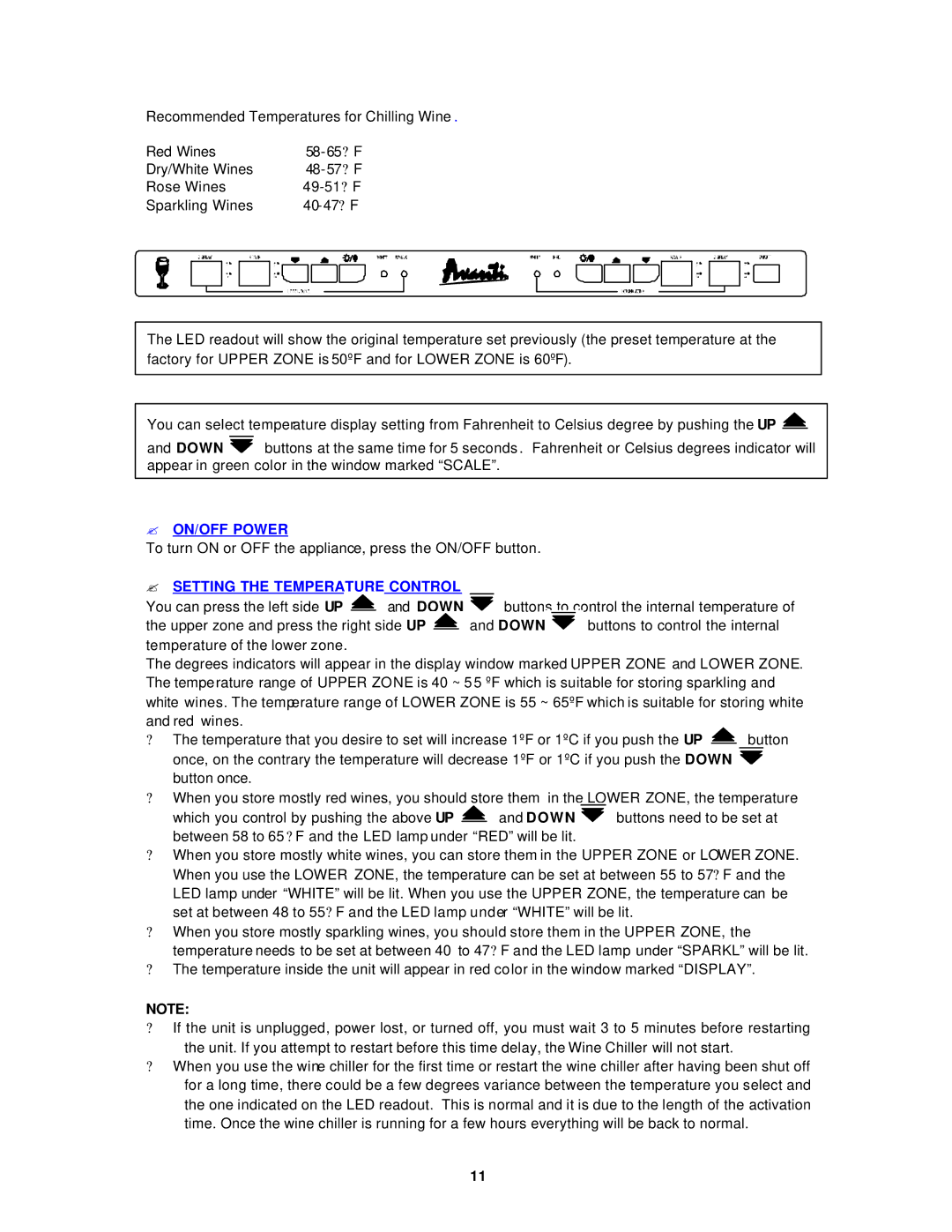 Avanti WCR683DZD instruction manual ? ON/OFF Power, ? Setting the Temperature Control 