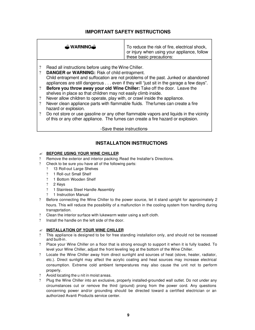 Avanti WCR683DZD Important Safety Instructions, Installation Instructions, ? Before Using Your Wine Chiller 