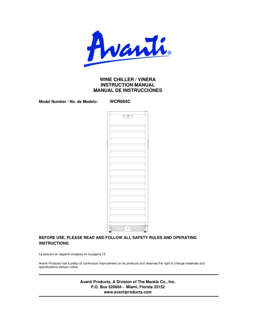 Avanti WCR684C instruction manual Wine Chiller / Vinera, Manual DE Instrucciones 