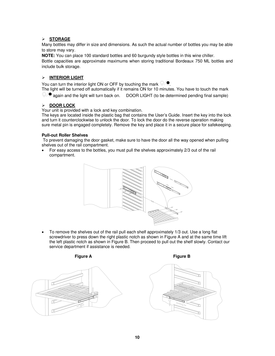 Avanti WCR684C instruction manual  Storage,  Interior Light,  Door Lock, Pull-out Roller Shelves 