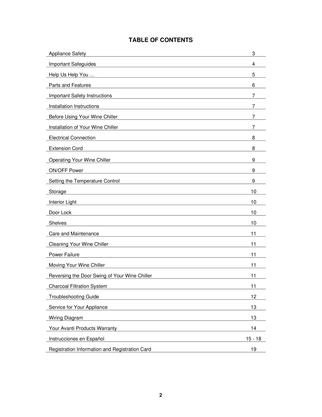 Avanti WCR684C instruction manual Table of Contents 