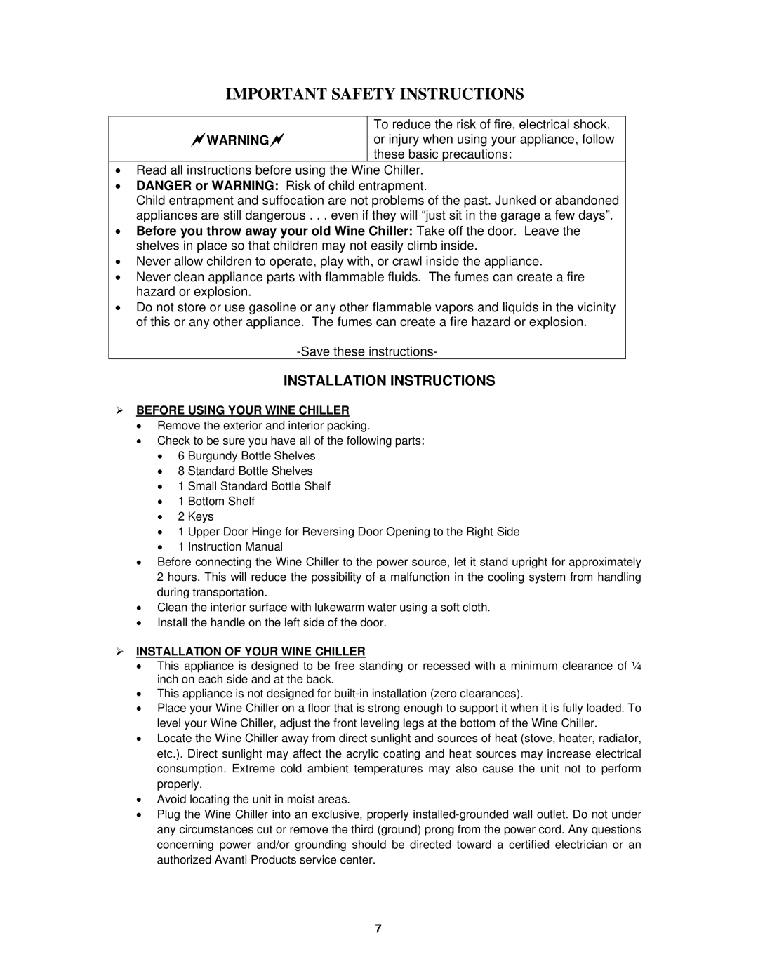 Avanti WCR684C Installation Instructions,  Before Using Your Wine Chiller,  Installation of Your Wine Chiller 