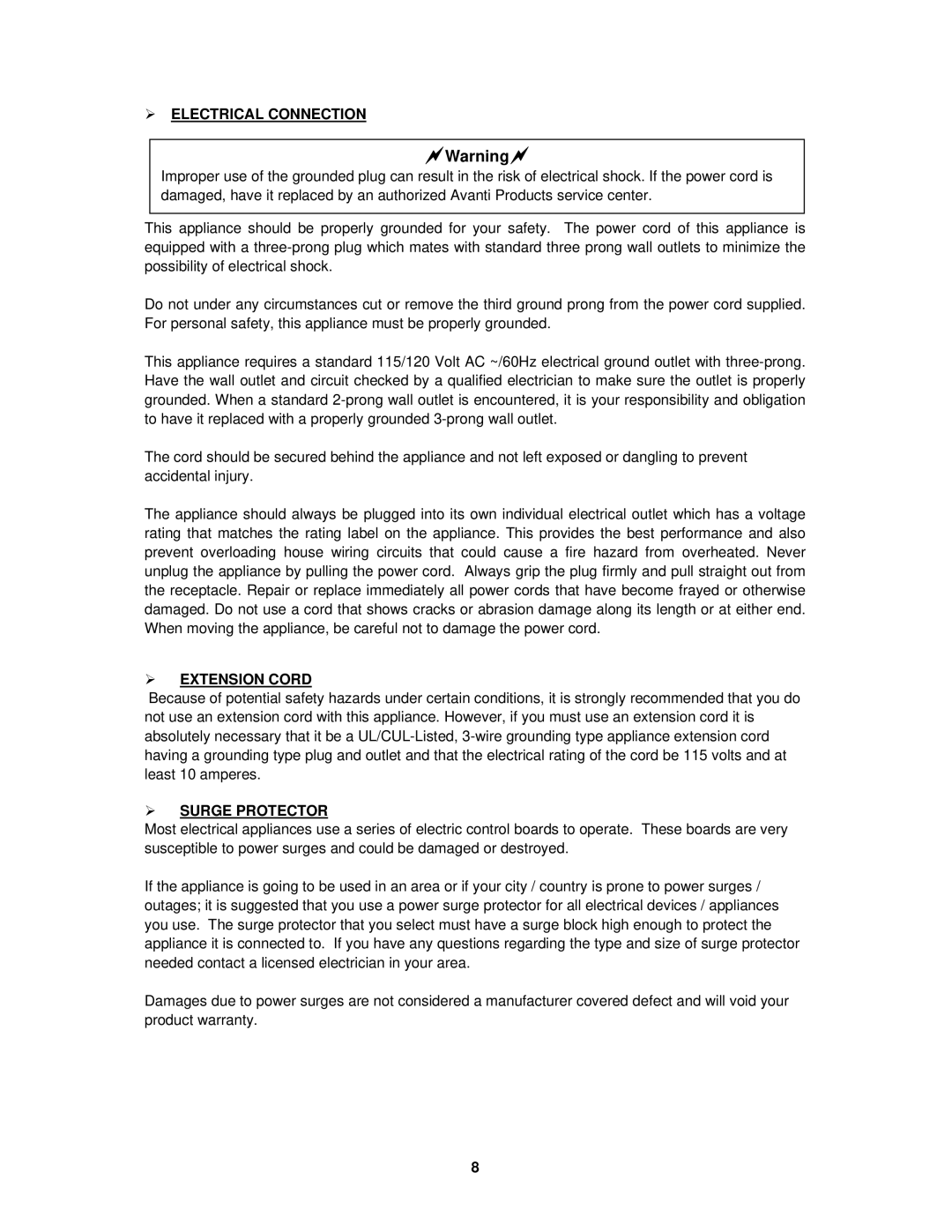 Avanti WCR684C instruction manual  Electrical Connection,  Extension Cord,  Surge Protector 