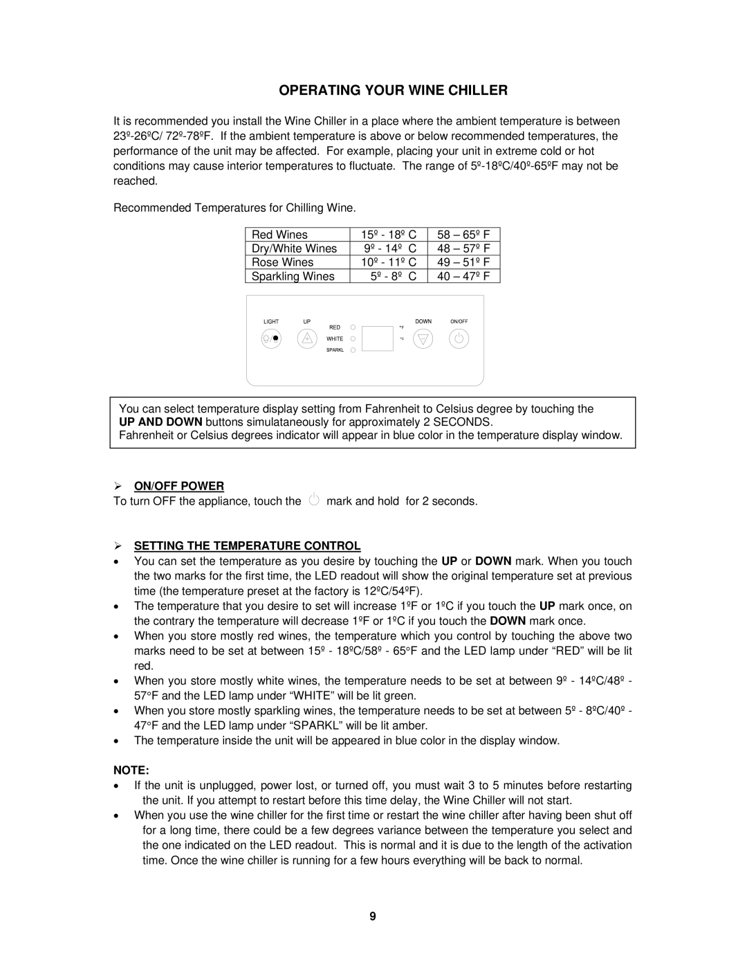 Avanti WCR684C instruction manual Operating Your Wine Chiller,  ON/OFF Power,  Setting the Temperature Control 