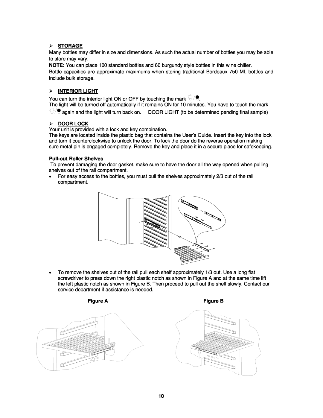 Avanti WCR684C instruction manual  Storage,  Interior Light,  Door Lock, Pull-out Roller Shelves, Figure A 
