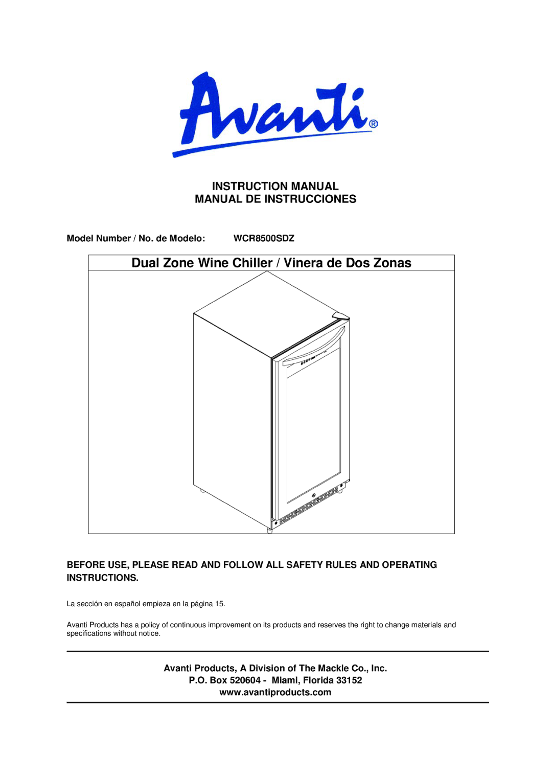 Avanti WCR8500SDZ instruction manual Manual DE Instrucciones, Model Number / No. de Modelo 