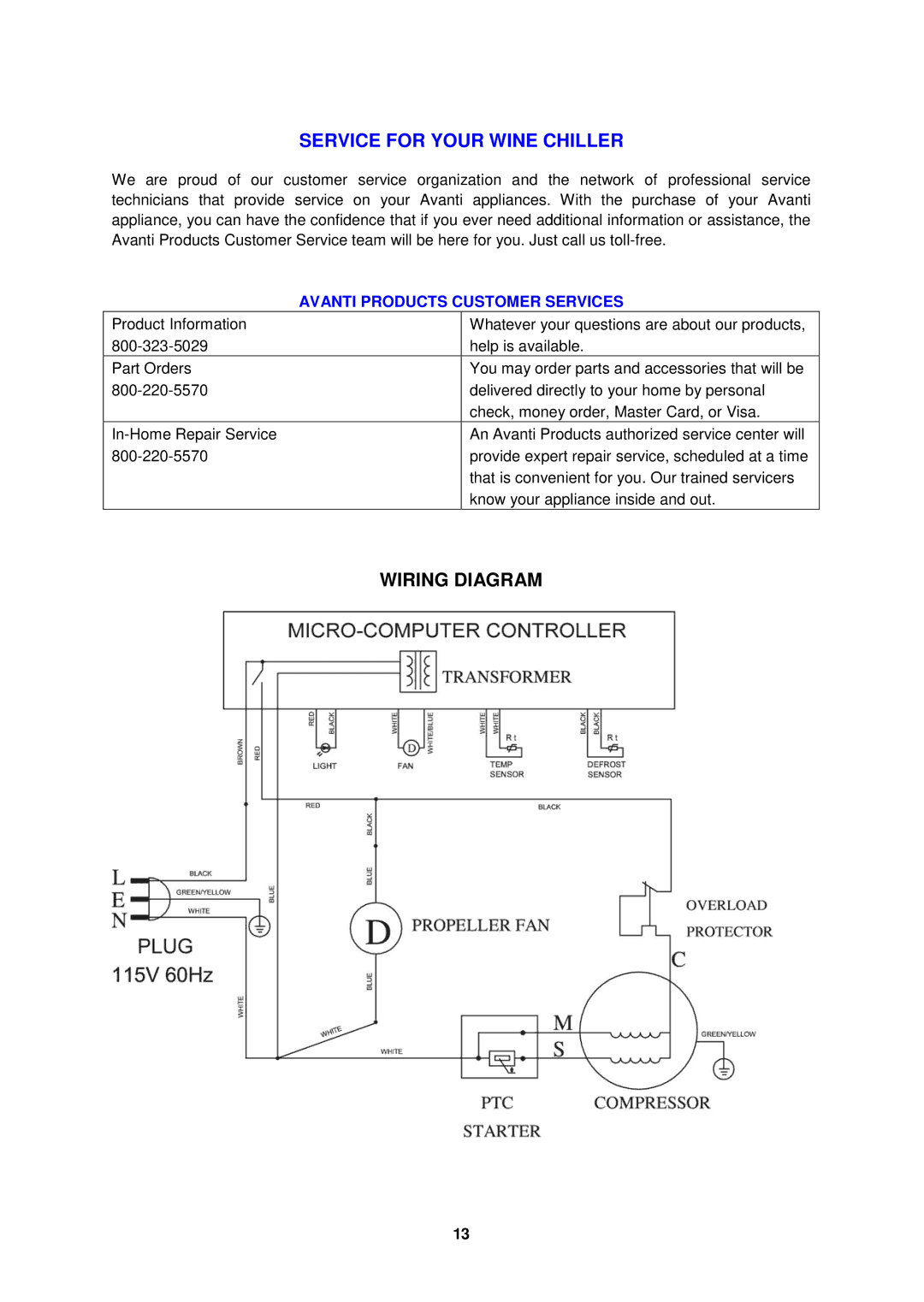 Avanti WCR8500SDZ instruction manual Wiring Diagram, Avanti Products Customer Services 