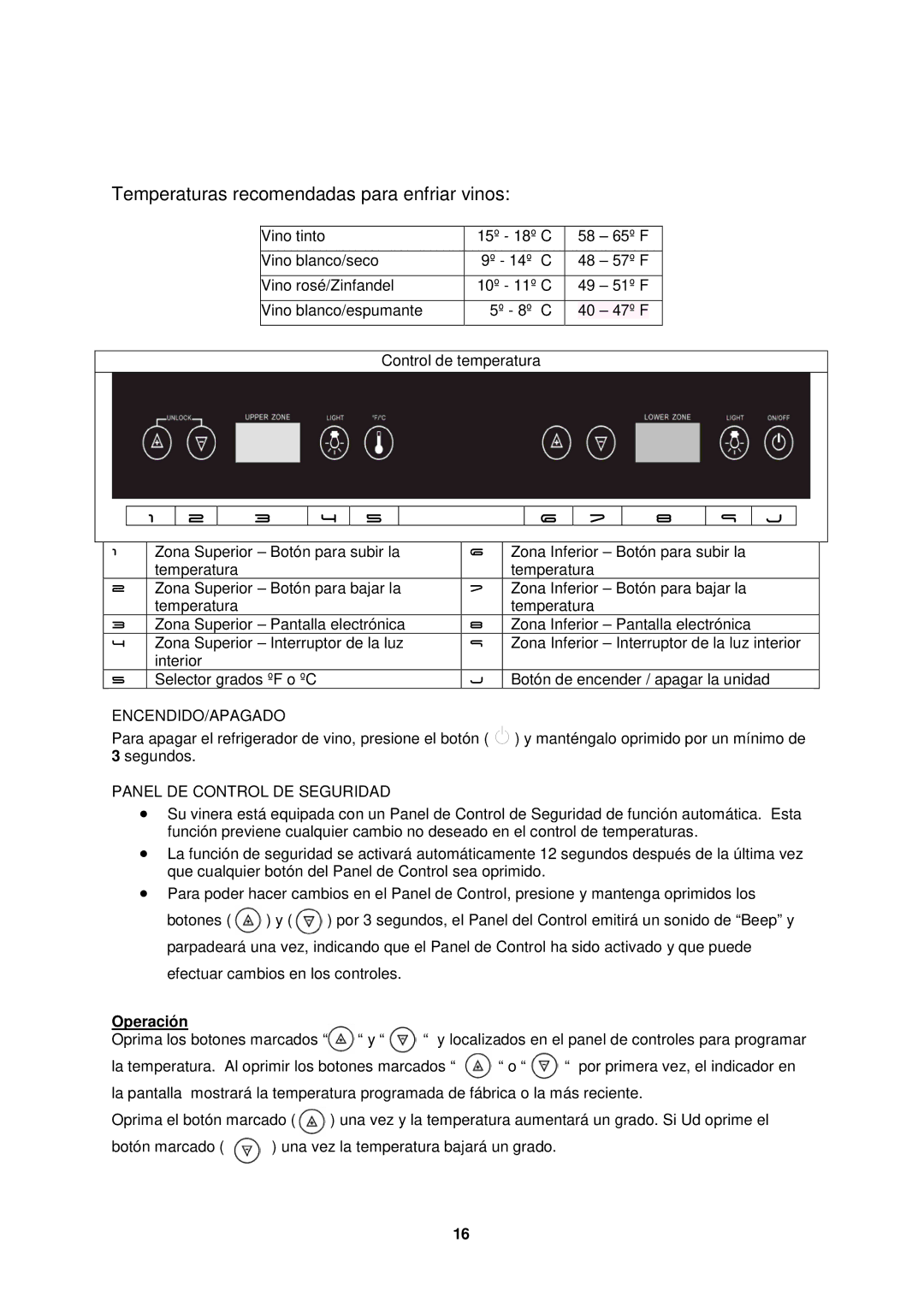 Avanti WCR8500SDZ instruction manual Temperaturas recomendadas para enfriar vinos, Operación 