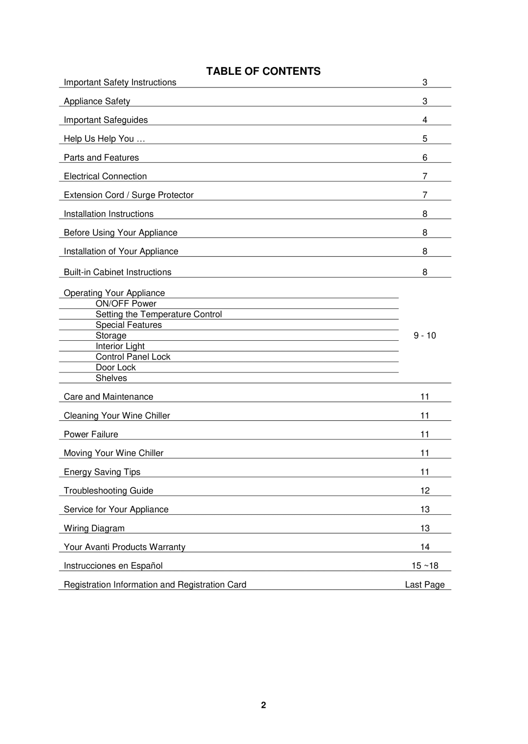 Avanti WCR8500SDZ instruction manual Table of Contents 