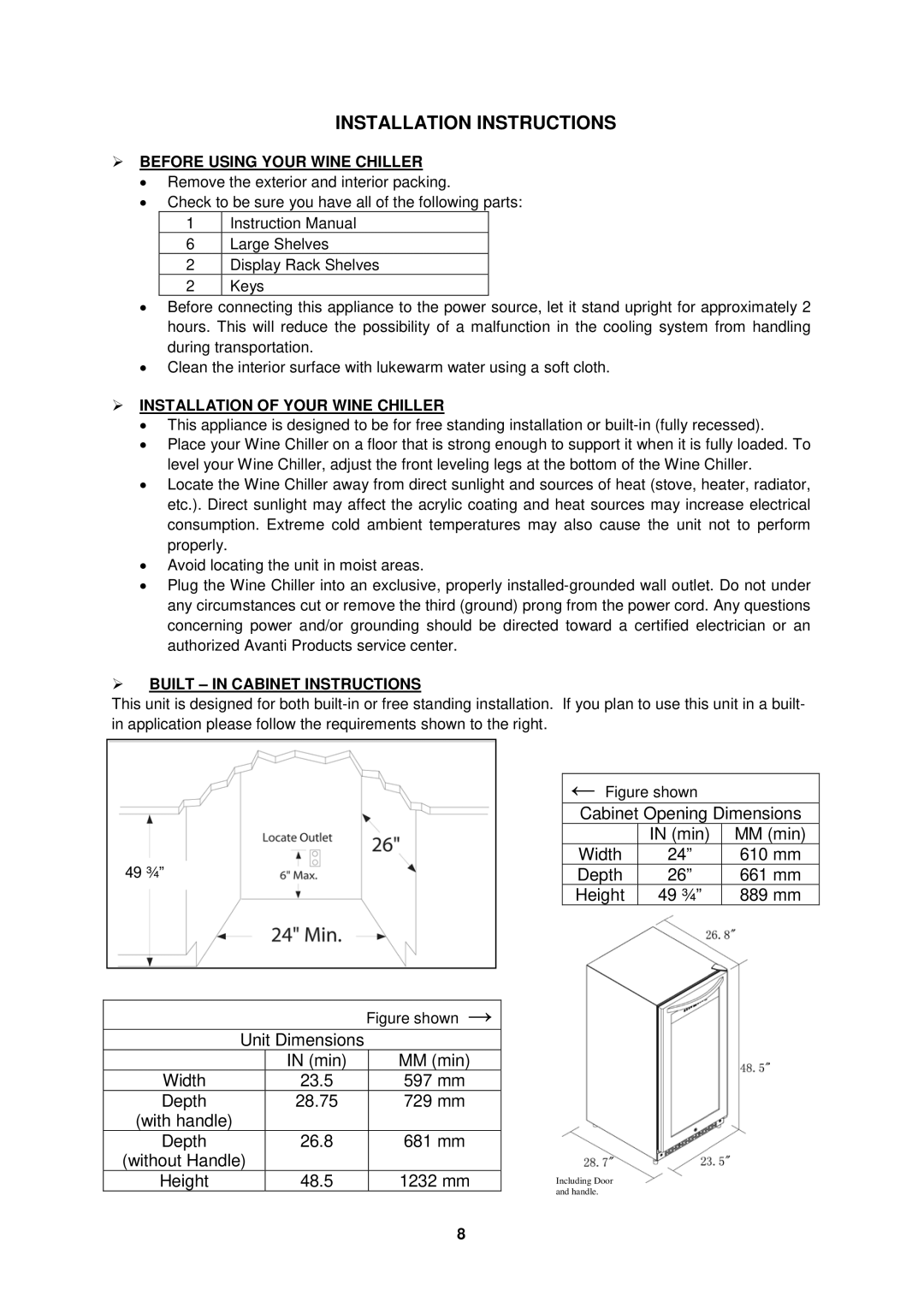 Avanti WCR8500SDZ Installation Instructions,  Before Using Your Wine Chiller,  Installation of Your Wine Chiller 