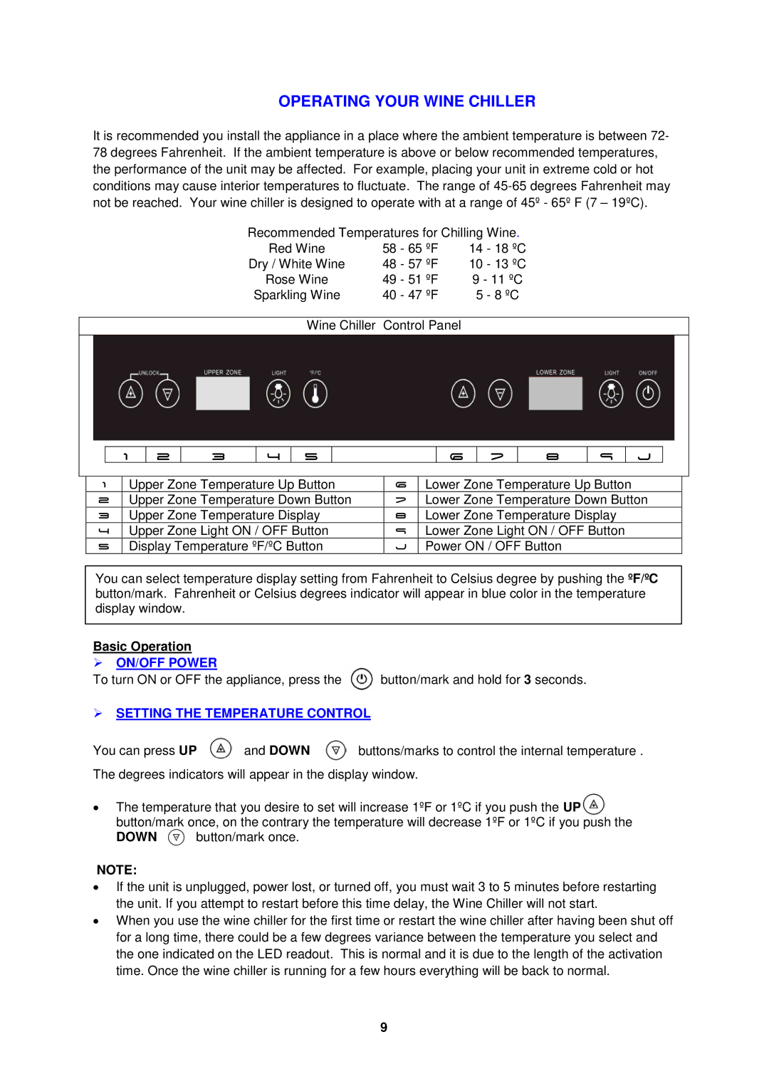 Avanti WCR8500SDZ instruction manual Basic Operation,  ON/OFF Power,  Setting the Temperature Control 