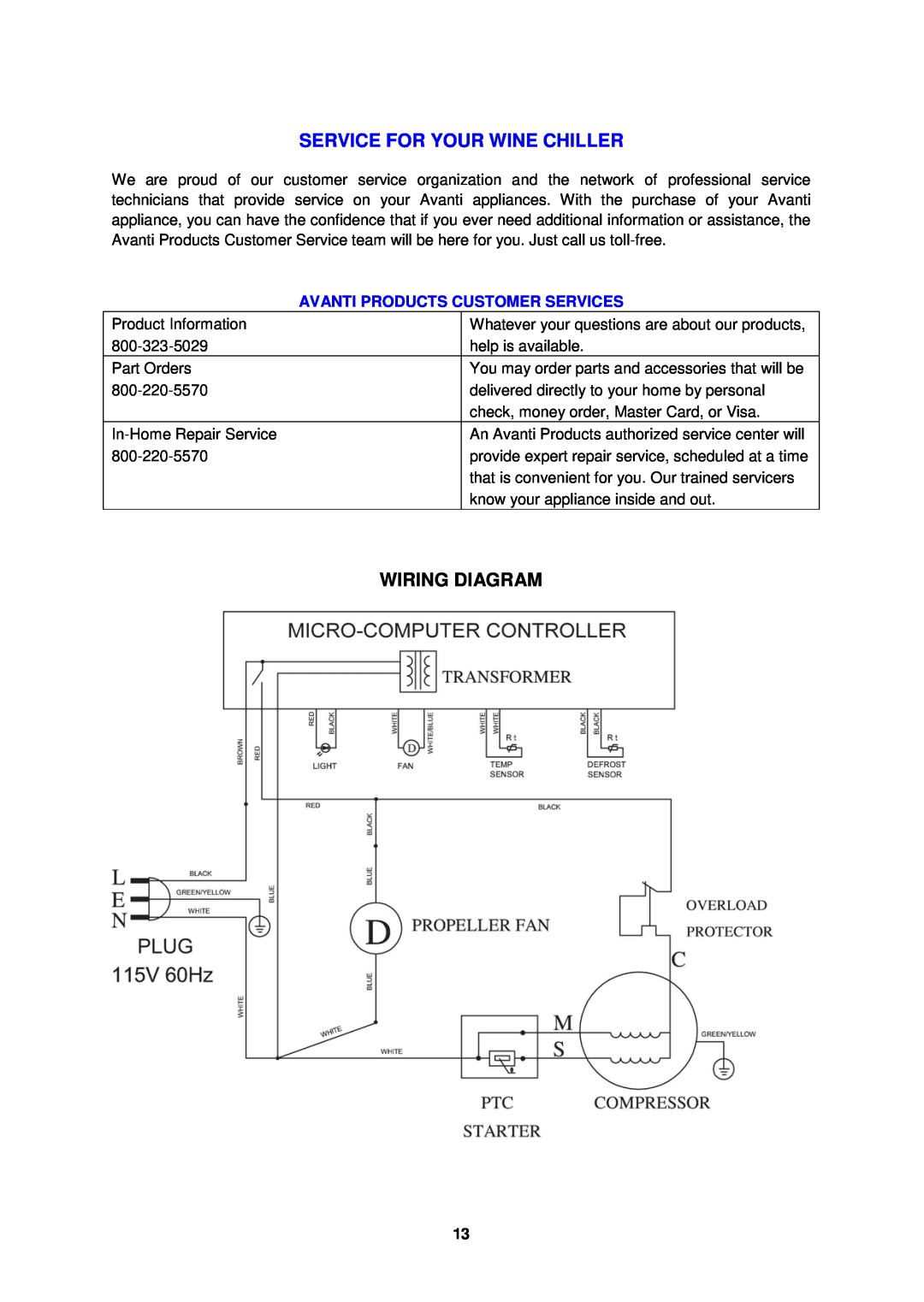 Avanti WCR8500SDZ instruction manual Service For Your Wine Chiller, Wiring Diagram, Avanti Products Customer Services 