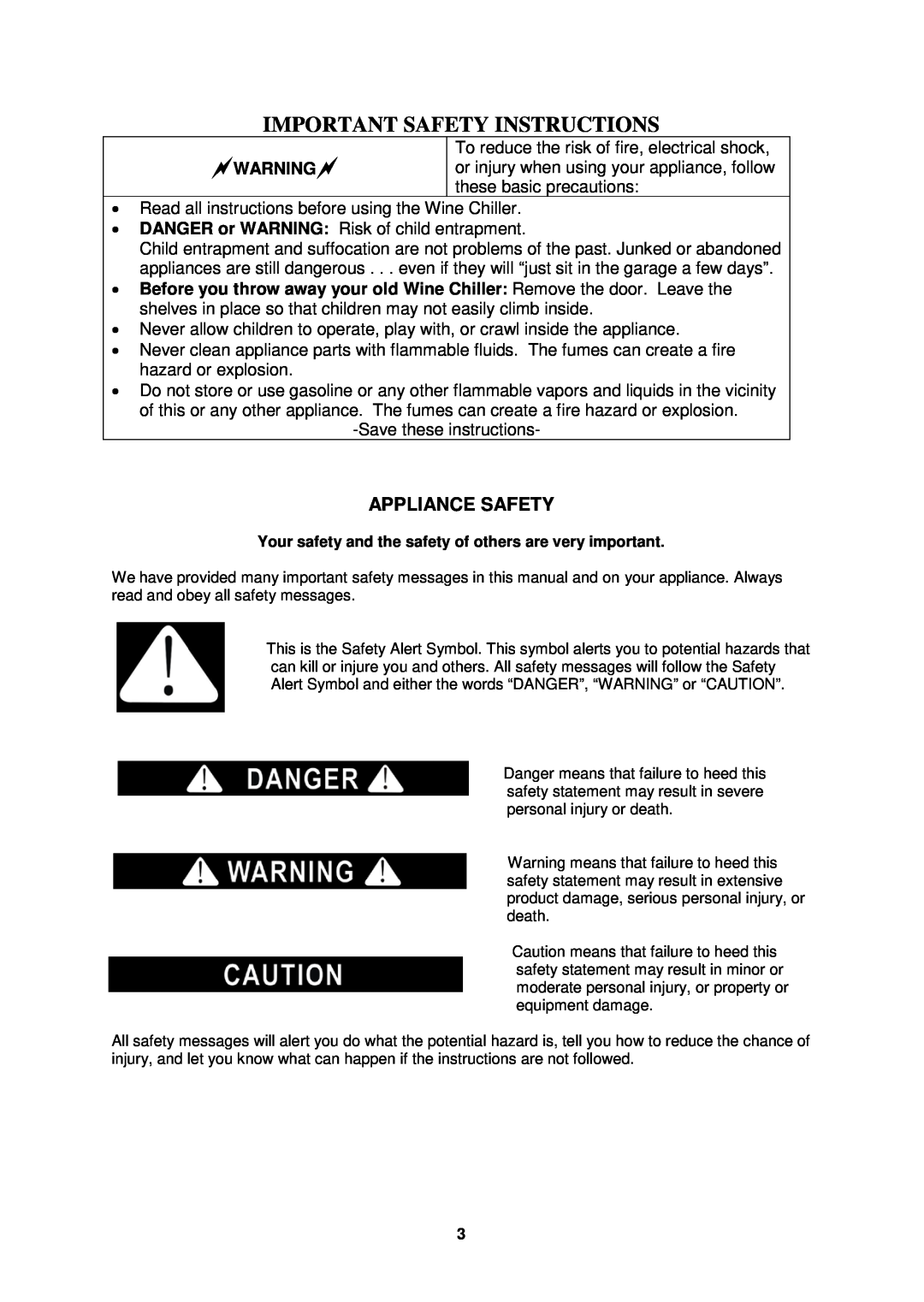 Avanti WCR8500SDZ instruction manual Appliance Safety, Warning, Important Safety Instructions 