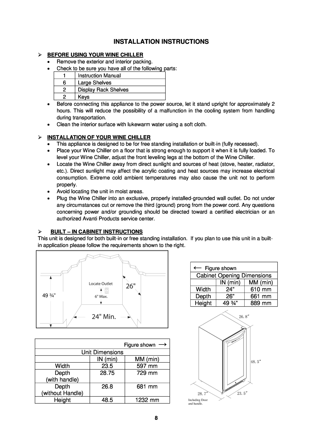 Avanti WCR8500SDZ instruction manual Installation Instructions, 49 ¾”, Width, 597 mm, 729 mm, 681 mm, 1232 mm 