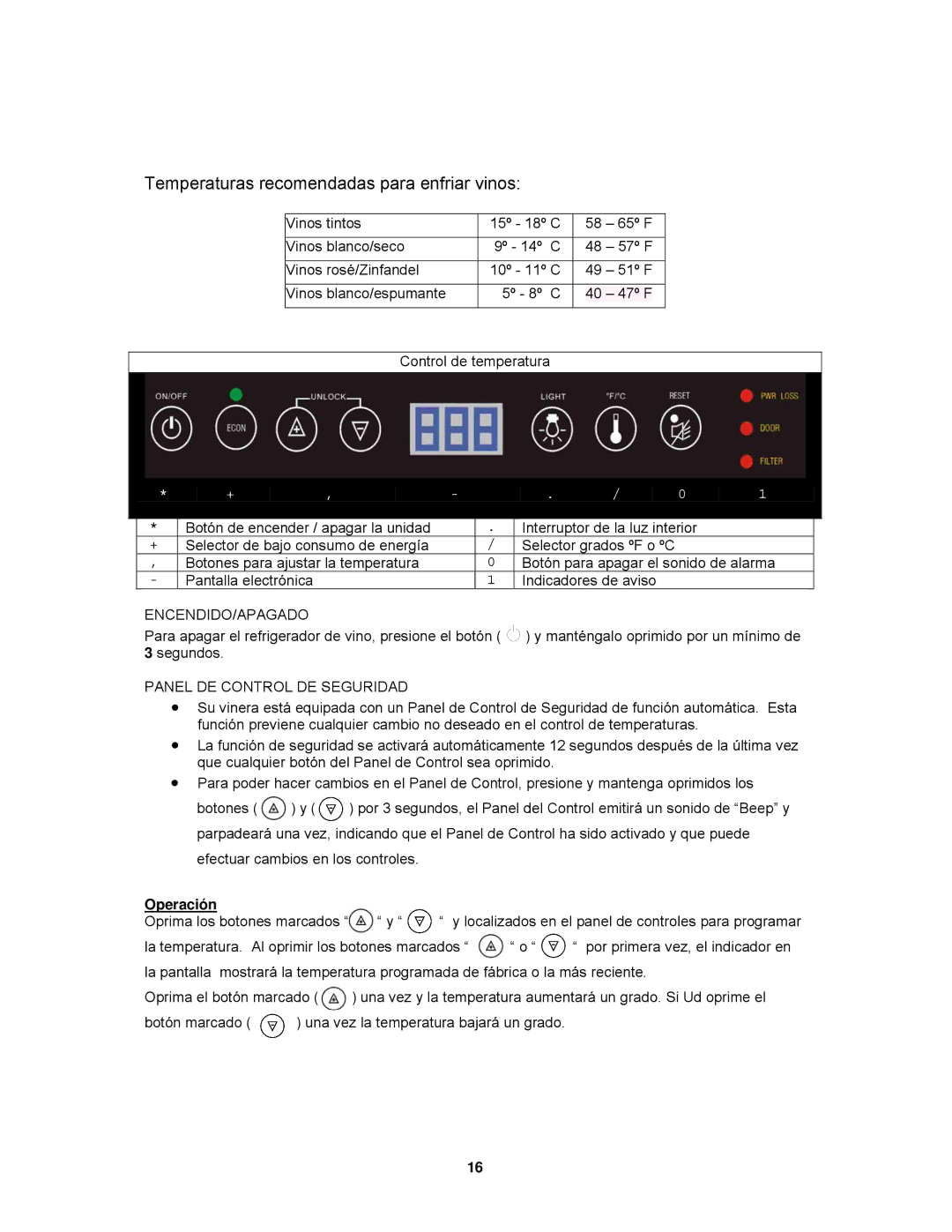 Avanti WCR9000S instruction manual Temperaturas recomendadas para enfriar vinos, Operación 