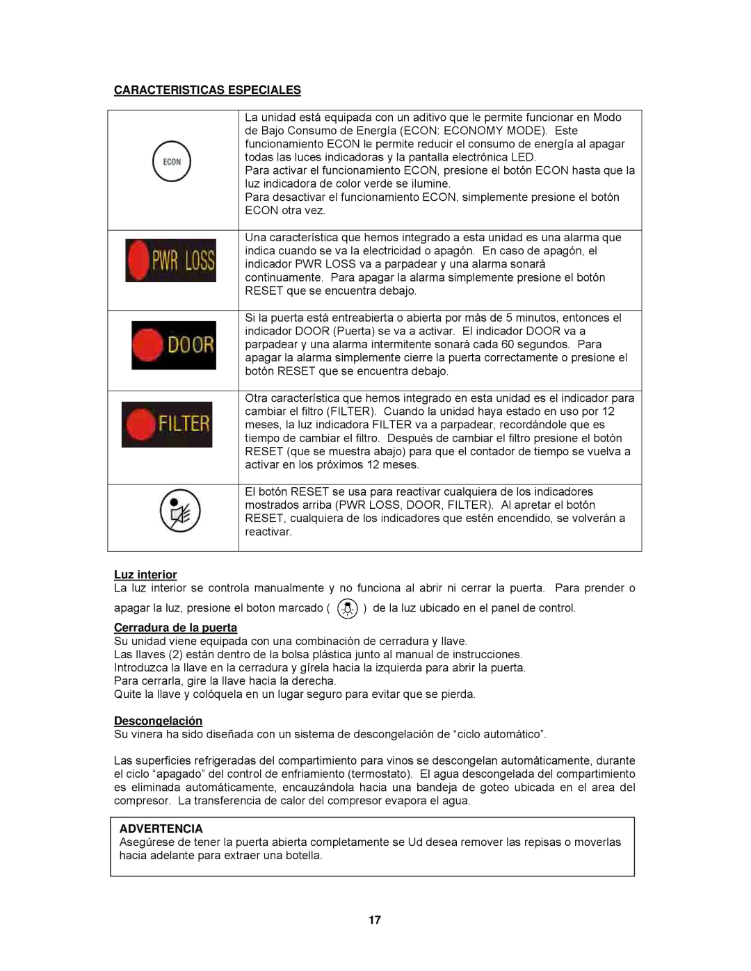 Avanti WCR9000S Caracteristicas Especiales, Luz interior, Cerradura de la puerta, Descongelación, Advertencia 