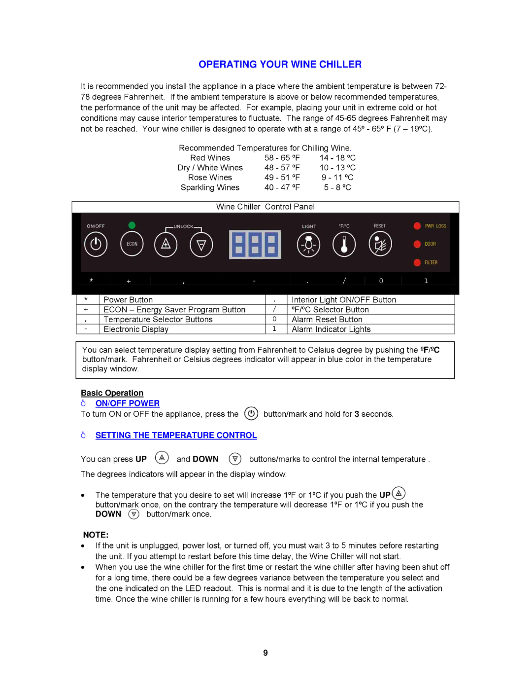 Avanti WCR9000S instruction manual Basic Operation, ¬ ON/OFF Power, ¬ Setting the Temperature Control 