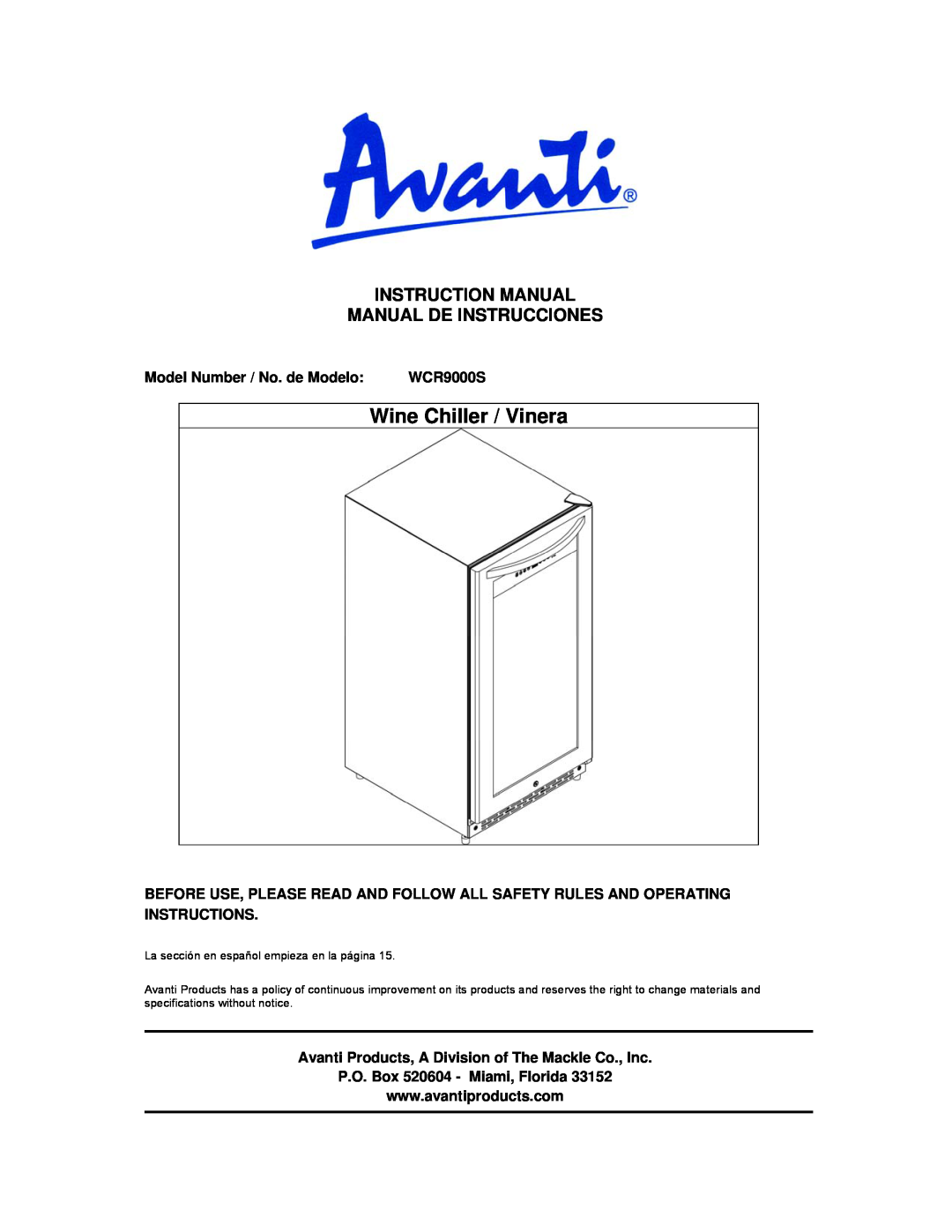 Avanti WCR9000S instruction manual Model Number / No. de Modelo, Avanti Products, A Division of The Mackle Co., Inc 
