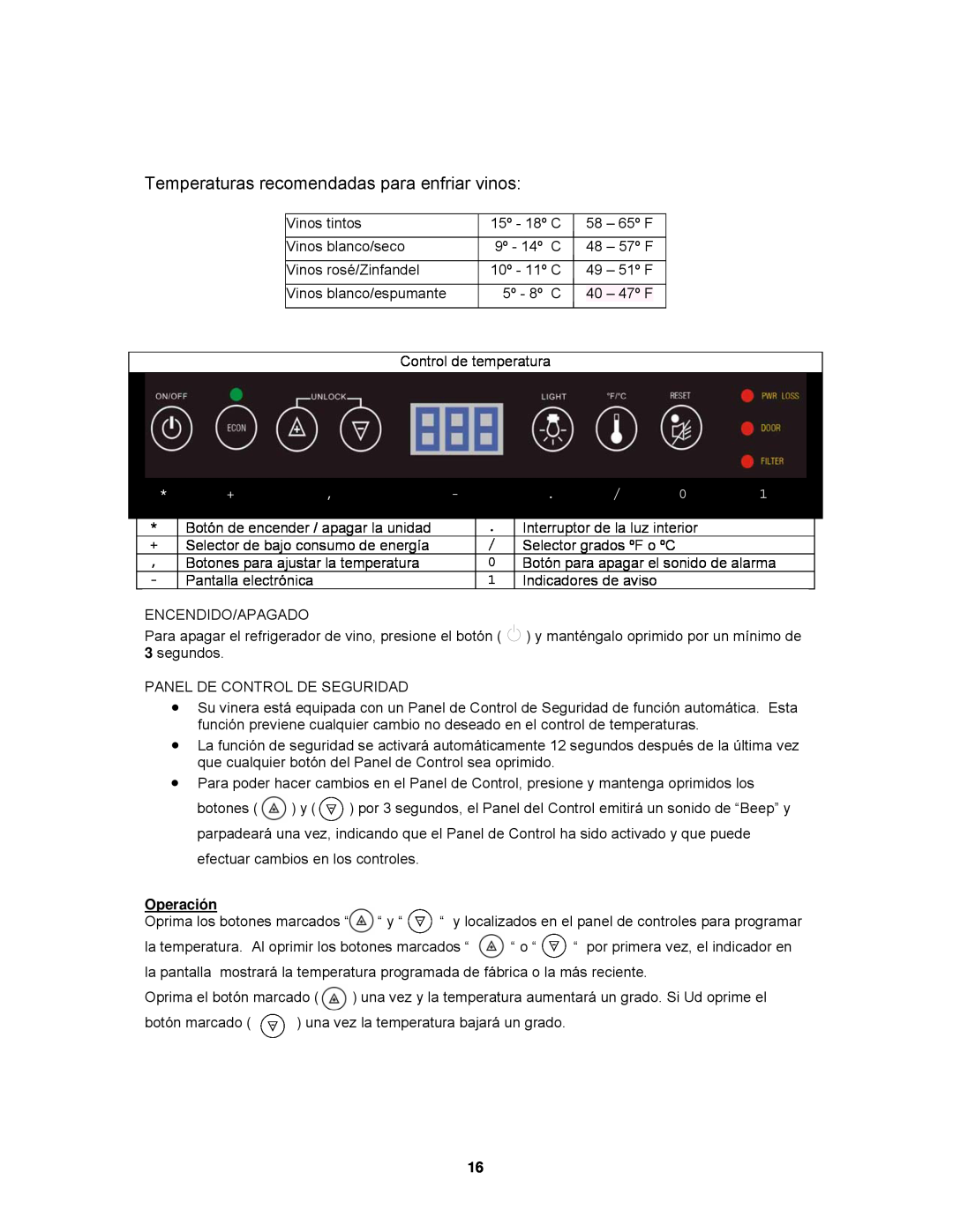 Avanti WCR9000S instruction manual Temperaturas recomendadas para enfriar vinos, Operación 