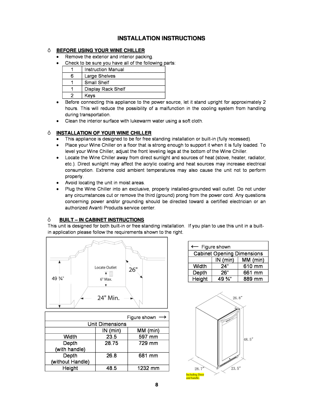 Avanti WCR9000S Installation Instructions, Unit Dimensions, IN min, MM min, 597 mm, 729 mm, 681 mm, Height 