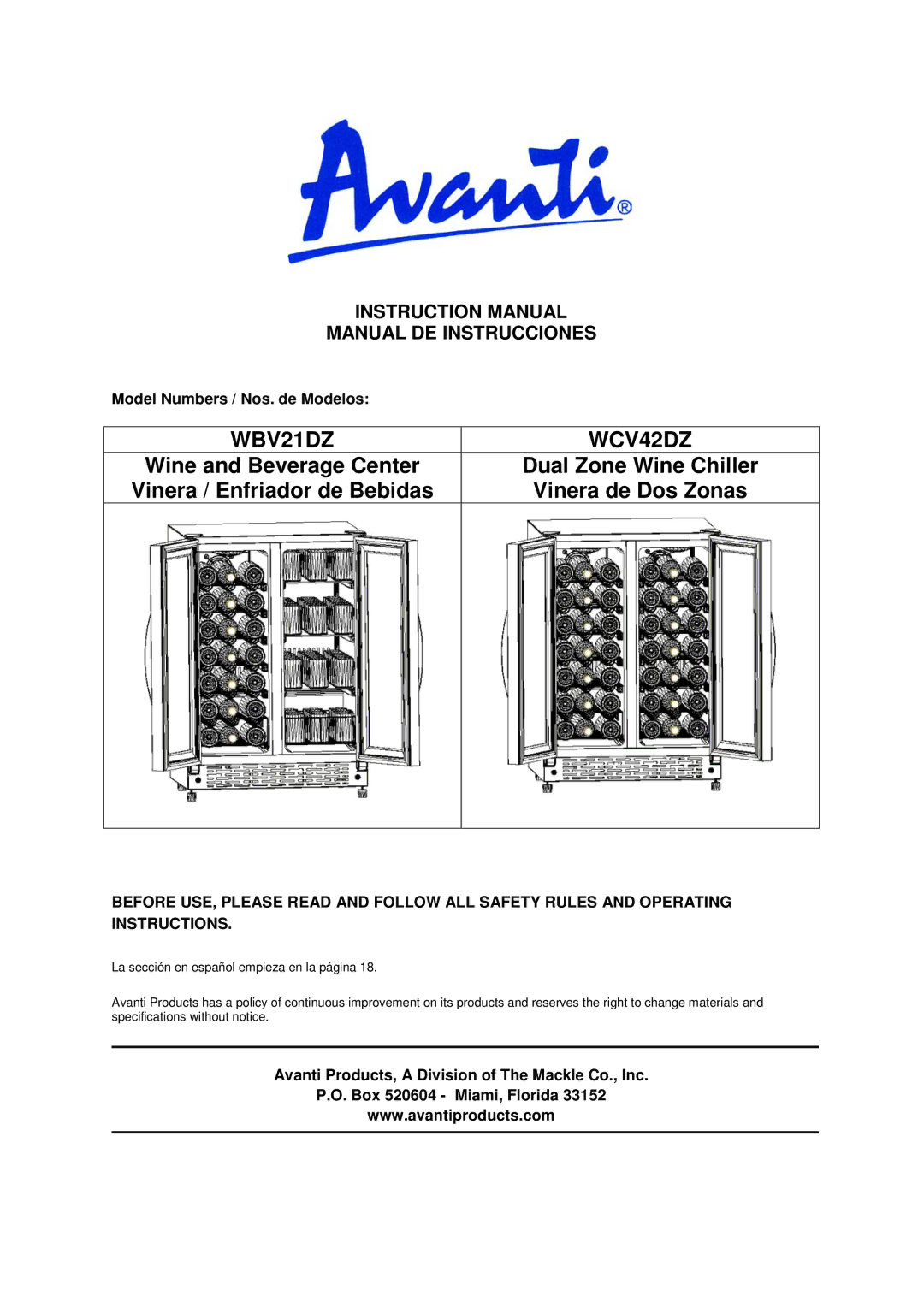 Avanti WBV21DZ, WCV42DZ instruction manual Manual DE Instrucciones, Model Numbers / Nos. de Modelos 