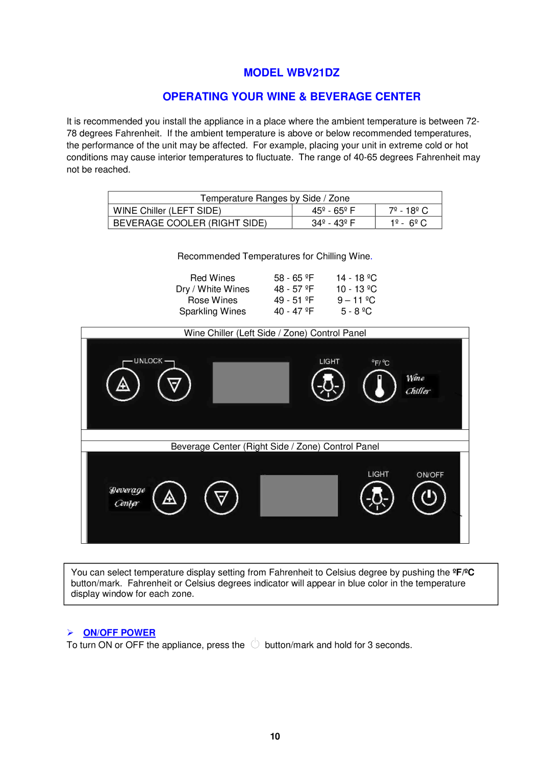 Avanti WCV42DZ instruction manual Model WBV21DZ Operating Your Wine & Beverage Center, Beverage Cooler Right Side 