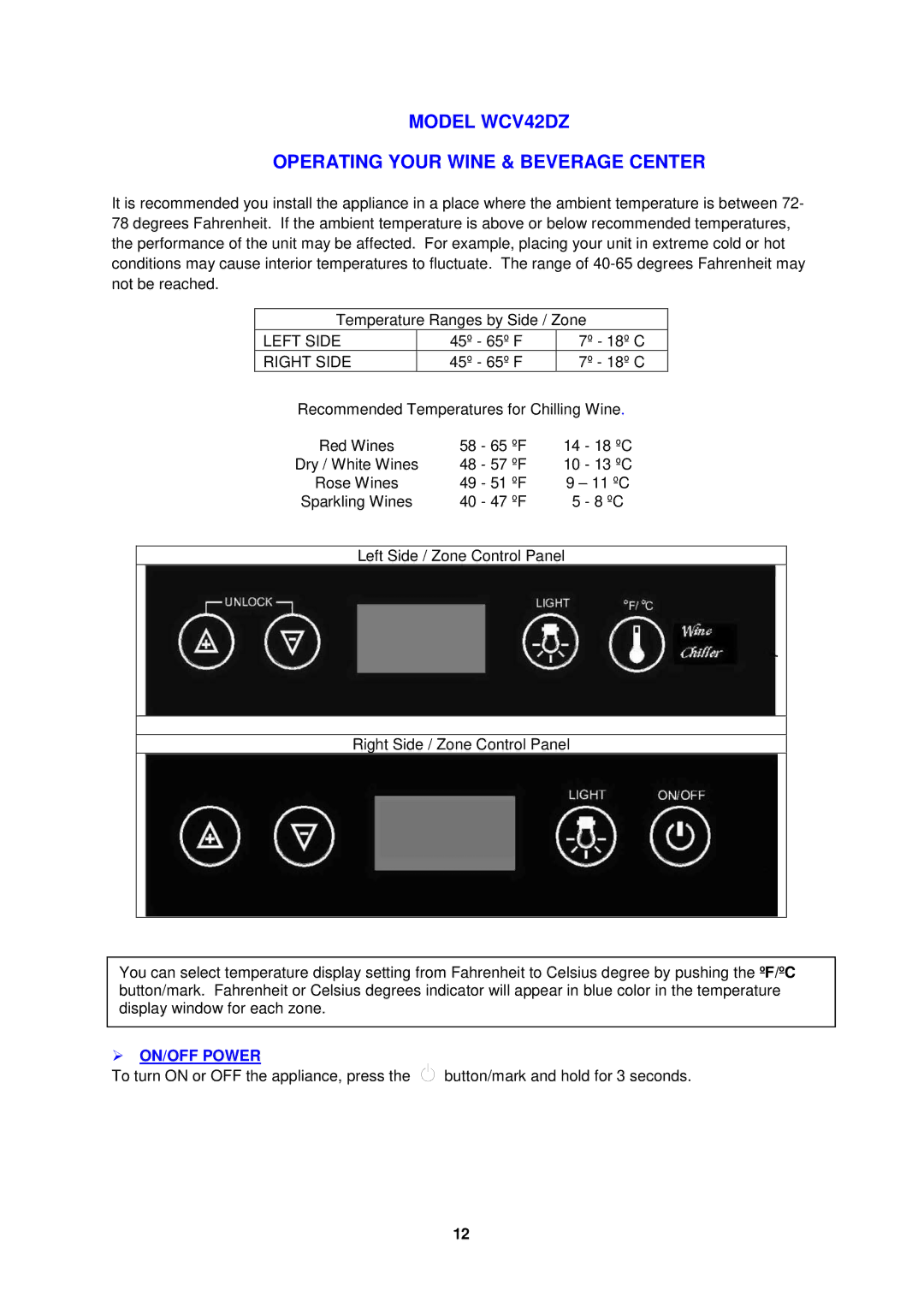 Avanti WBV21DZ instruction manual Model WCV42DZ Operating Your Wine & Beverage Center, Left Side, Right Side 