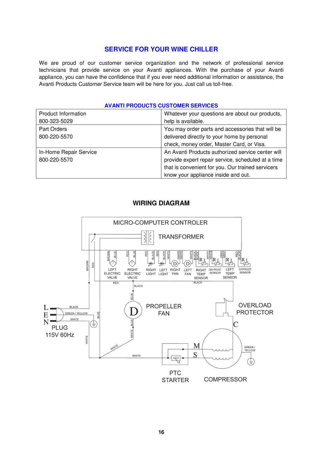 Avanti WCV42DZ, WBV21DZ instruction manual Service for Your Wine Chiller, Wiring Diagram 