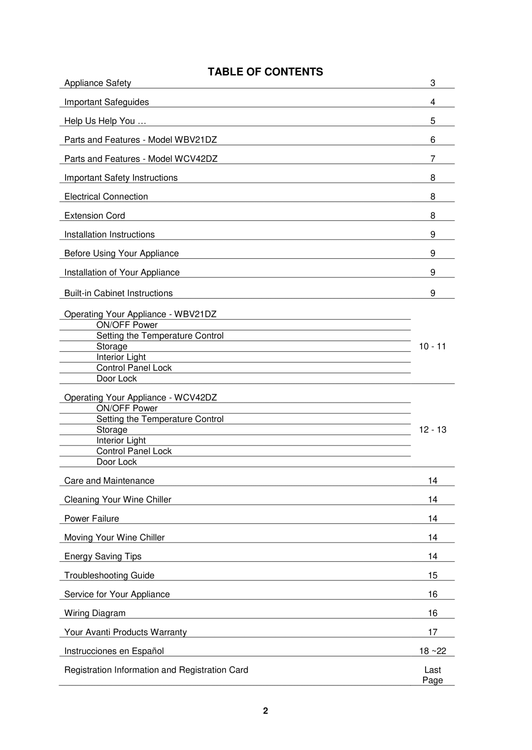 Avanti WCV42DZ, WBV21DZ instruction manual Table of Contents 