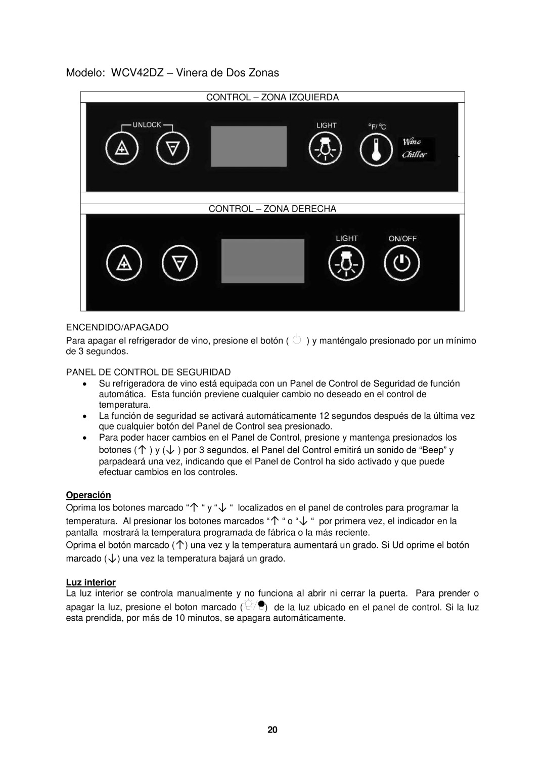 Avanti WBV21DZ instruction manual Modelo WCV42DZ Vinera de Dos Zonas 