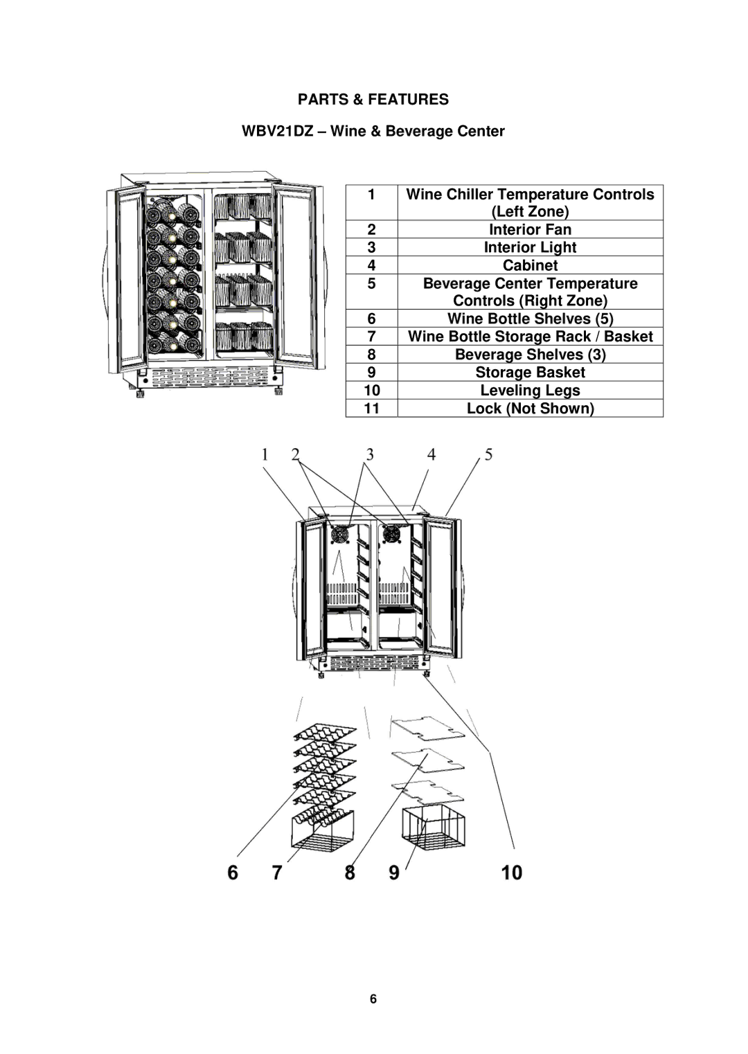 Avanti WCV42DZ, WBV21DZ instruction manual Parts & Features 