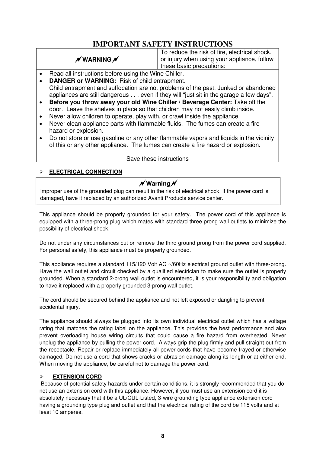 Avanti WCV42DZ, WBV21DZ instruction manual  Electrical Connection,  Extension Cord 