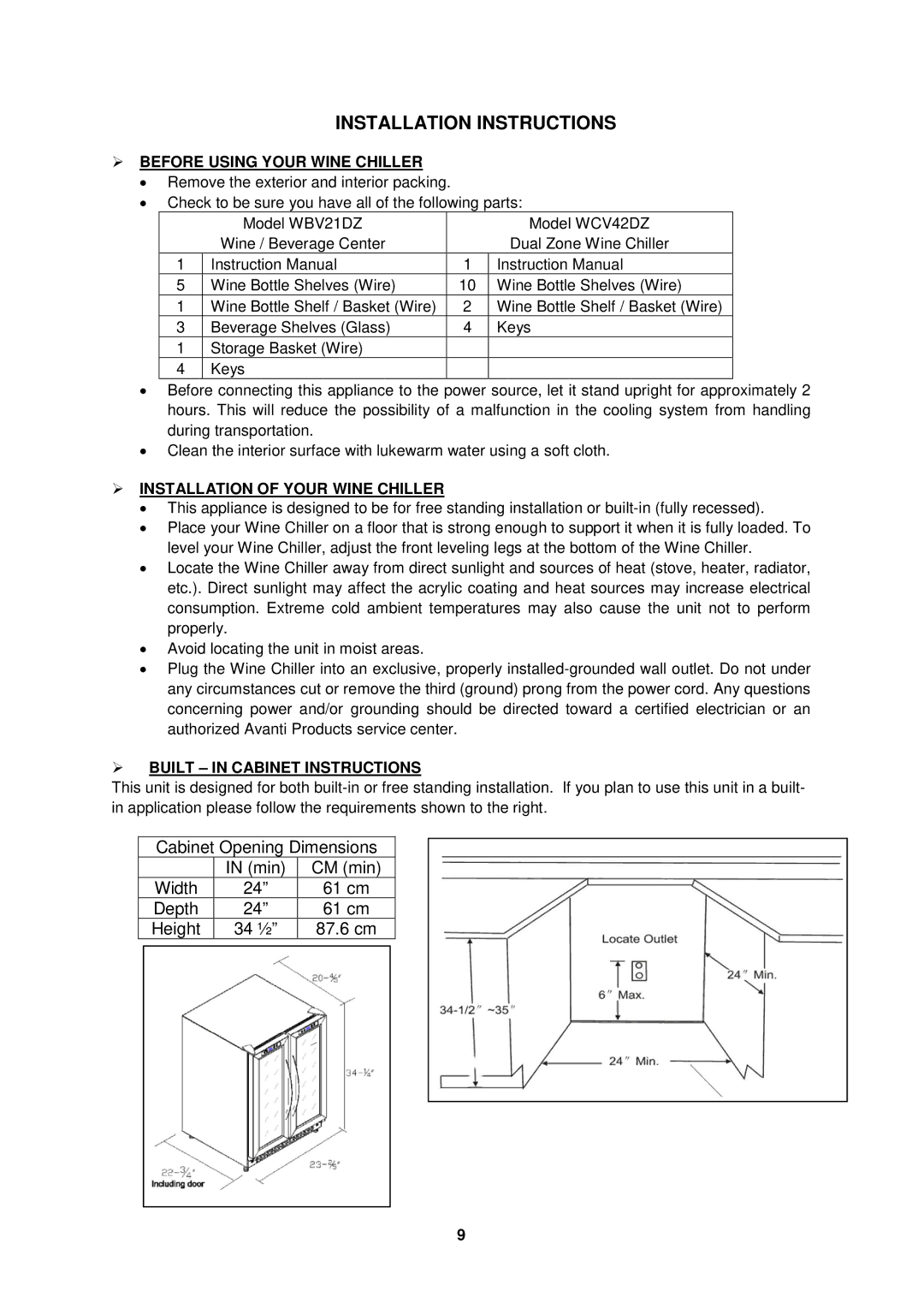 Avanti WBV21DZ, WCV42DZ Installation Instructions,  Before Using Your Wine Chiller,  Installation of Your Wine Chiller 