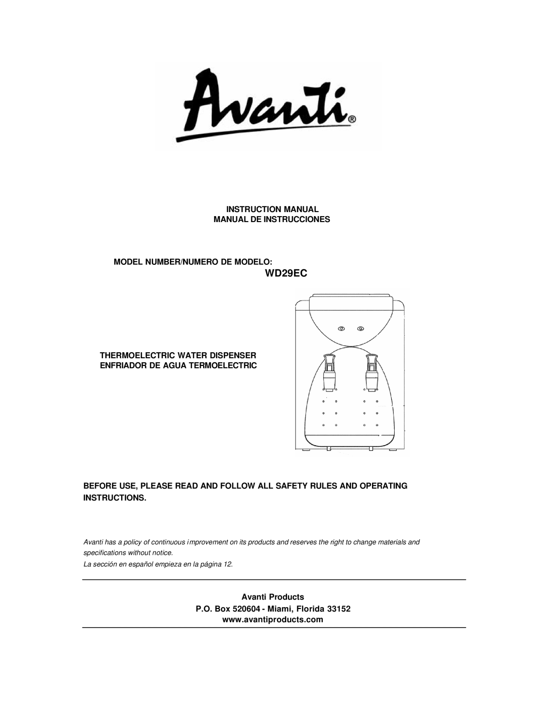 Avanti WD29EC instruction manual Manual DE Instrucciones Model NUMBER/NUMERO DE Modelo 