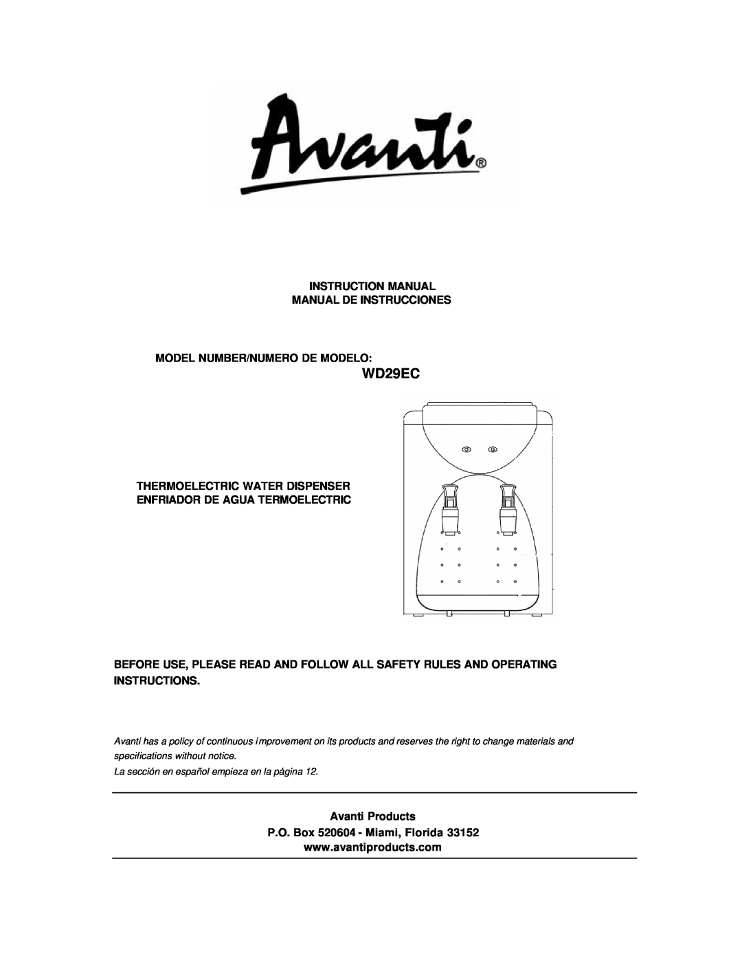 Avanti WD29EC instruction manual Model Number/Numero De Modelo, Thermoelectric Water Dispenser 