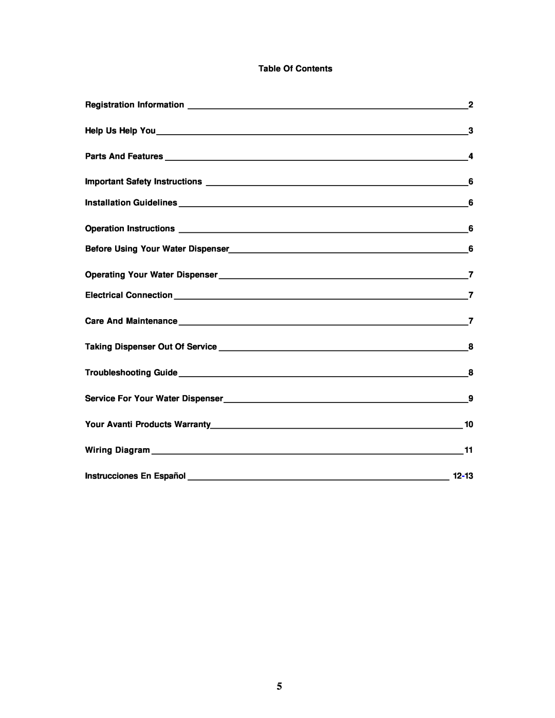 Avanti WD29EC instruction manual Table Of Contents 