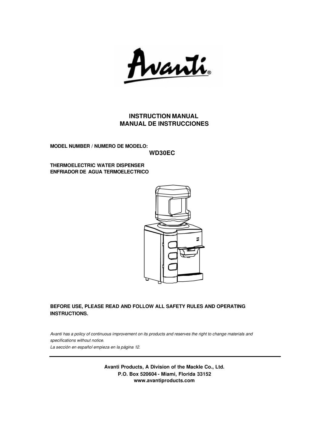 Avanti WD30EC instruction manual Manual DE Instrucciones, Model Number / Numero DE Modelo, Box 520604 Miami, Florida 