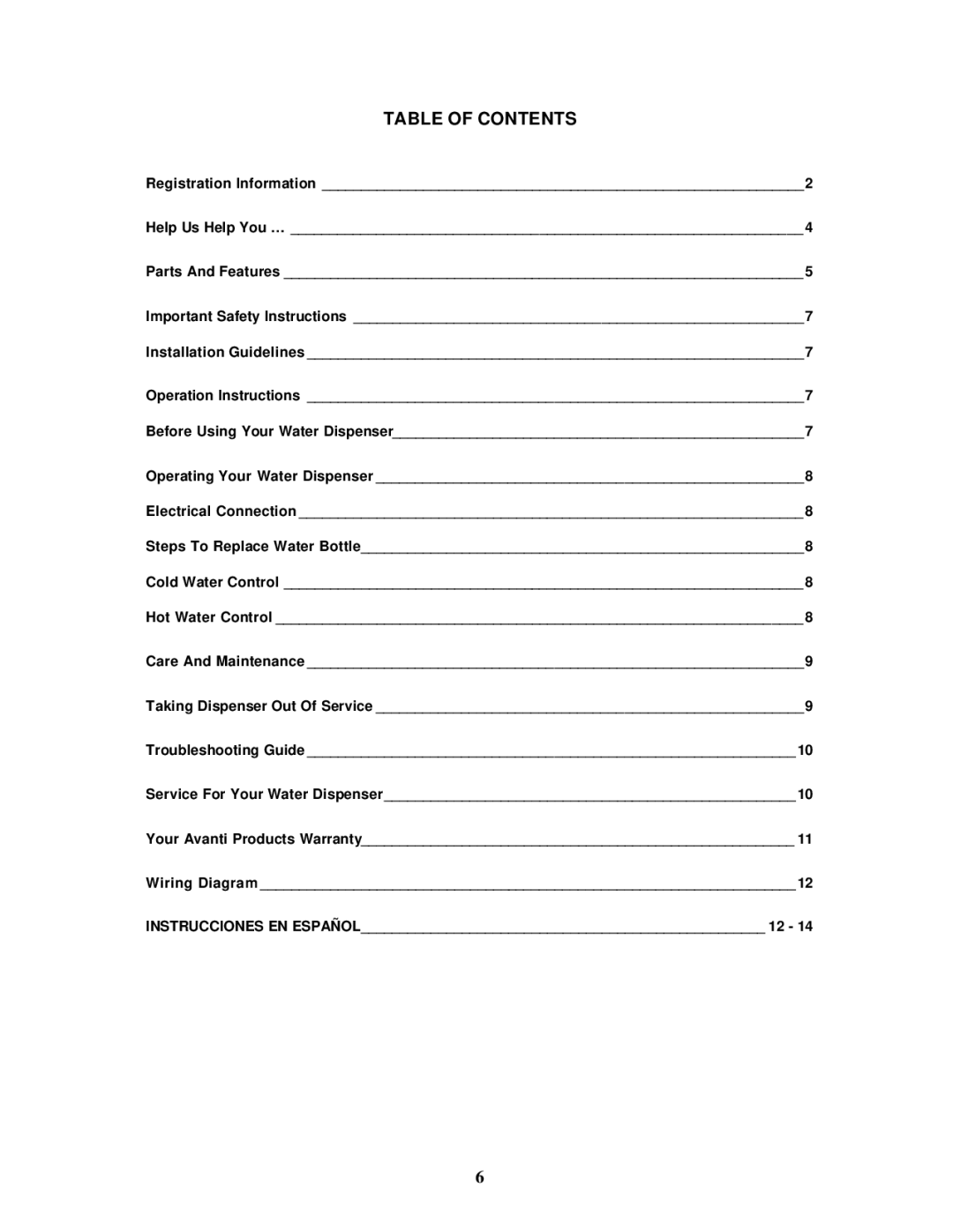 Avanti WD30EC instruction manual Table of Contents 