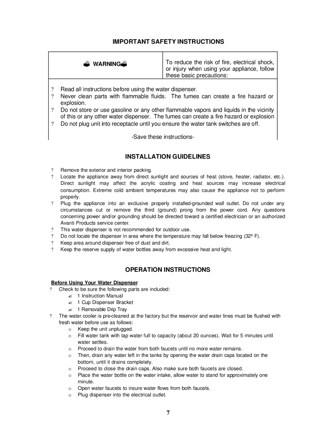 Avanti WD30EC instruction manual Important Safety Instructions, Installation Guidelines, Operation Instructions 