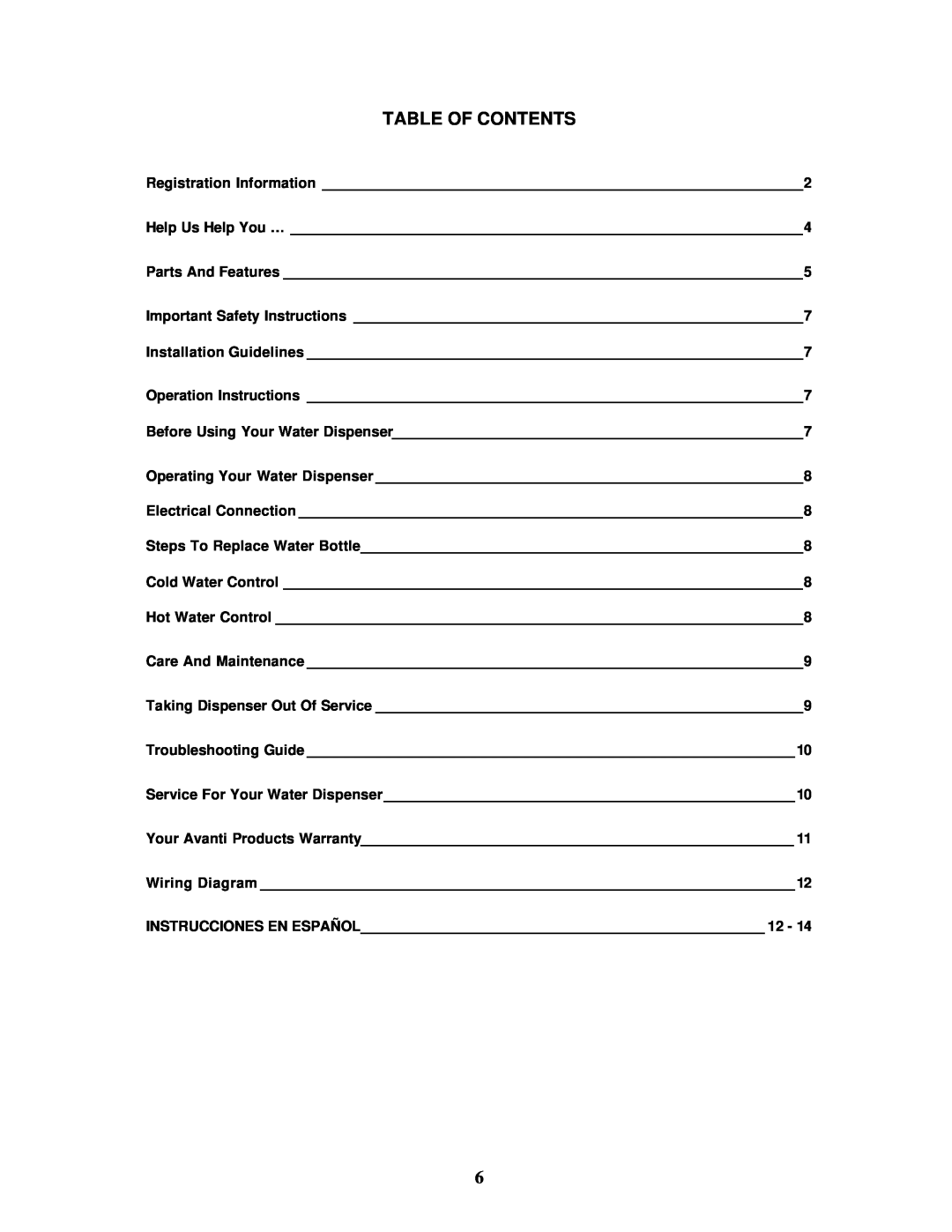 Avanti WD30EC instruction manual Table Of Contents 