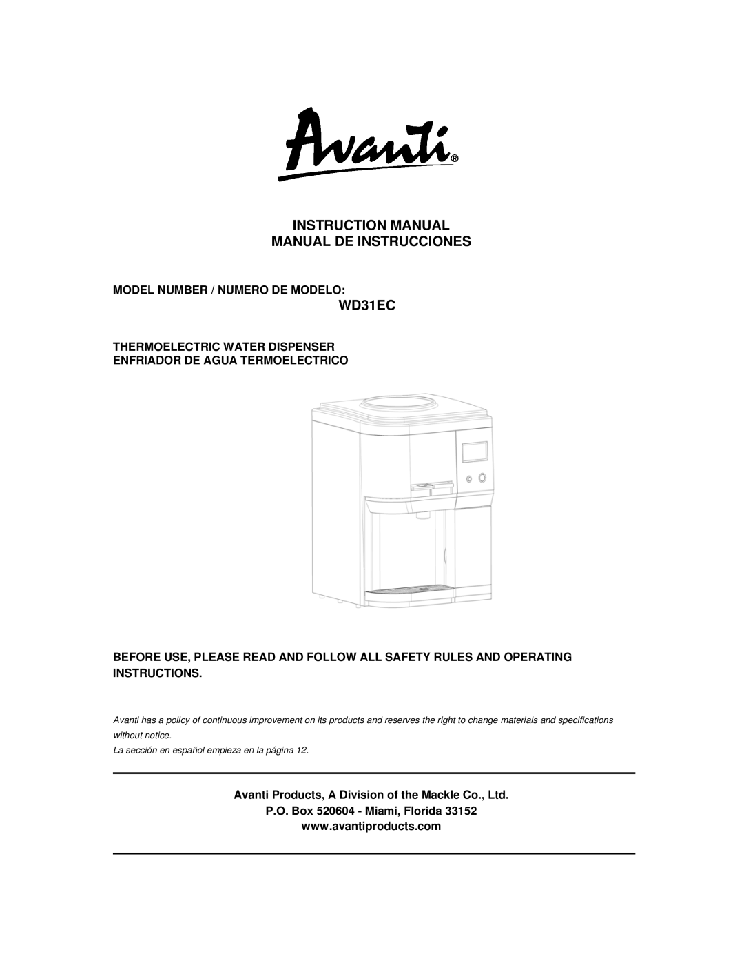 Avanti WD31EC instruction manual Manual DE Instrucciones, Model Number / Numero DE Modelo, Box 520604 Miami, Florida 