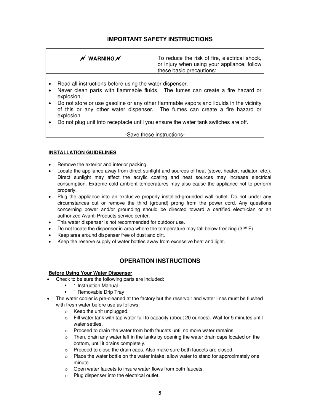 Avanti WD31EC instruction manual Important Safety Instructions, Operation Instructions, Installation Guidelines 