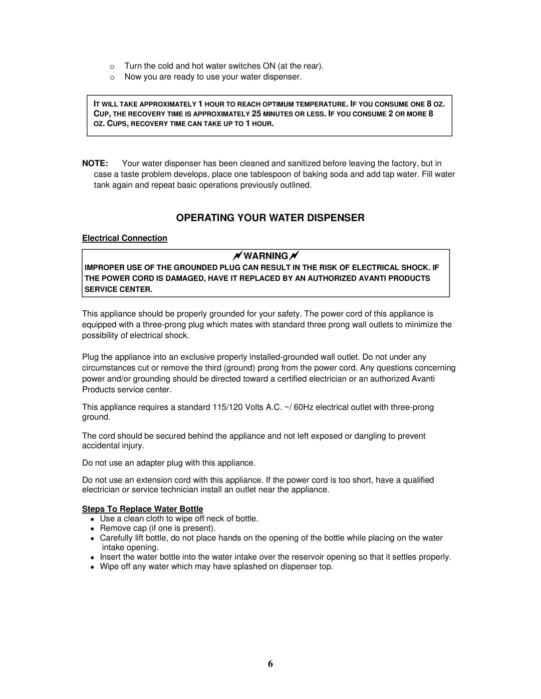 Avanti WD31EC instruction manual Operating Your Water Dispenser, Electrical Connection, Steps To Replace Water Bottle 